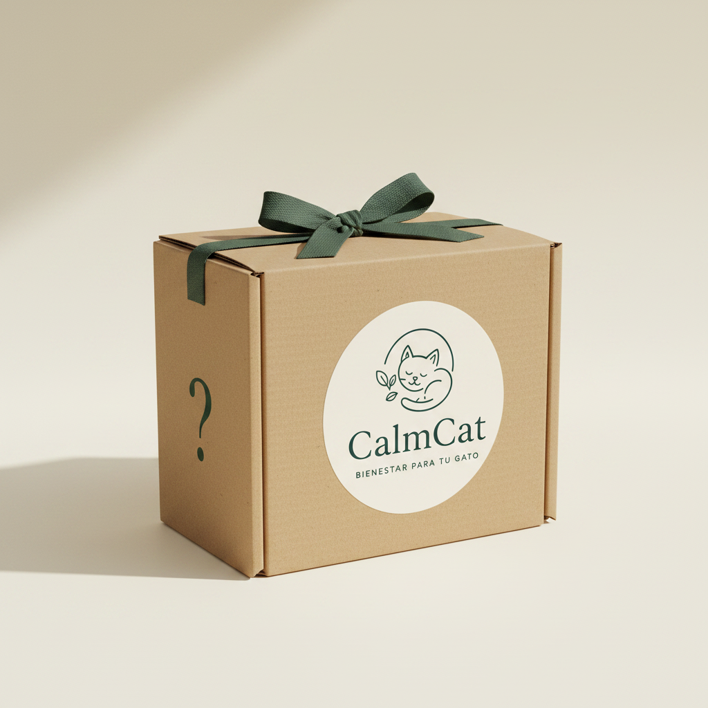 Caja de cartón premium BOX SORPRESA con pegatina del logo CalmCat y lazo