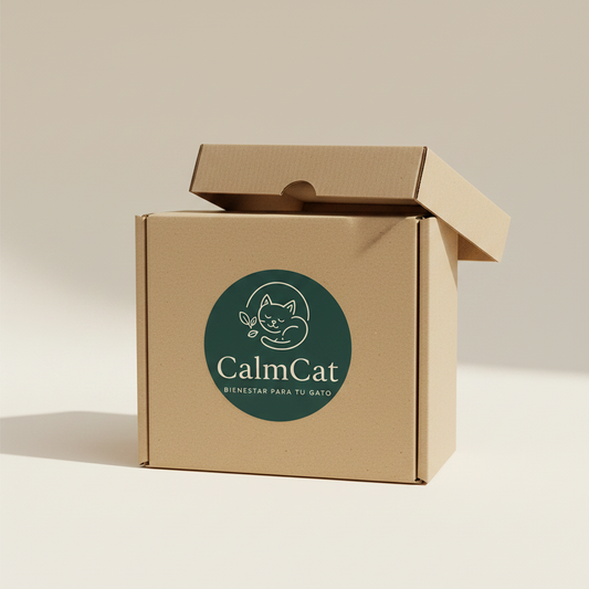 Caja de cartón premium BOX CUIDADO con pegatina del logo CalmCat